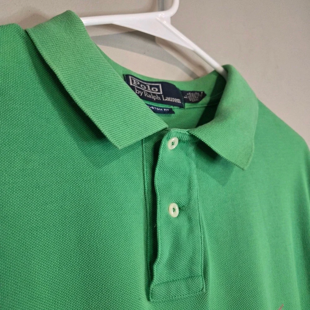Polo Ralph Lauren Large Green Custom Fit Pique Short Sleeve Polo Shirt Pink Pony